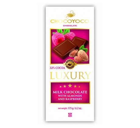 Luxury 175g Milk Chocolate 32% Almonds and Raspberry